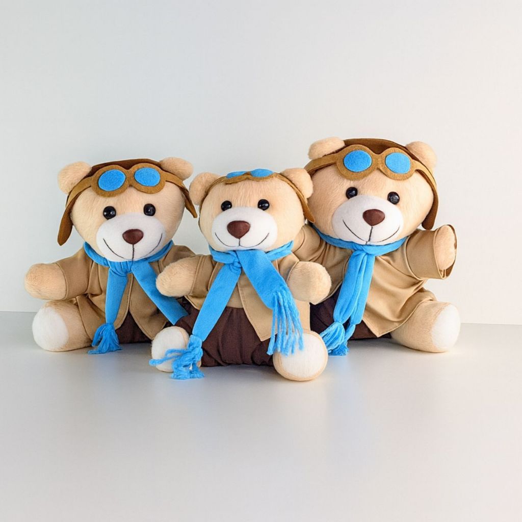 Trio De Ursinhos De Pelúcia Para Menina E Menino- Trio Ursinho Aviador Azul Bebê Trio De Ursinhos De Pelúcia Para Menina E Menino- Trio Ursinho Aviador Azul Bebê