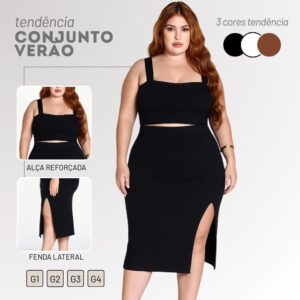 Conjunto Plus Size Feminino Preto Top Saia Midi Fenda Festa Balada Praia Verão - Oferta na Shopee
