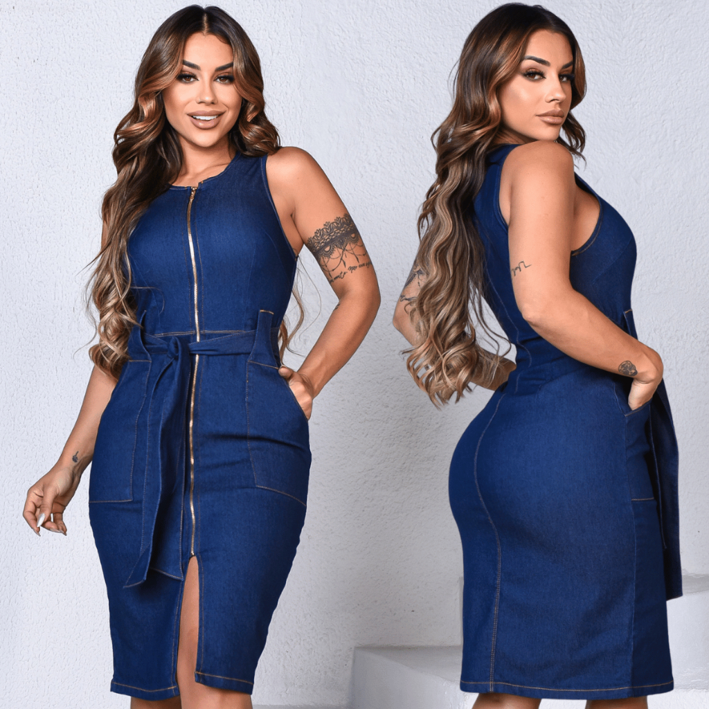 Vestido Jeans Feminino Evangélico Midi Lycra Cavado Faixa Reguladora Cordão Zíper Bolsos Premium Vestido Jeans Feminino Evangélico Midi Lycra Cavado Faixa Reguladora Cordão Zíper Bolsos Premium