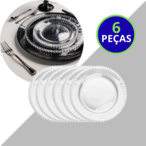 Kit Jogo 6 Pratos Rasos Jantar Almoço 28cm Cristal Lapidado Borda Bolinhas Pearl Wolff - Oferta na Shopee