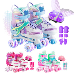 Patins Infantil Ajustável 4 Rodas Sereia + Kit Proteção Rodinha Led - Oferta na Shopee