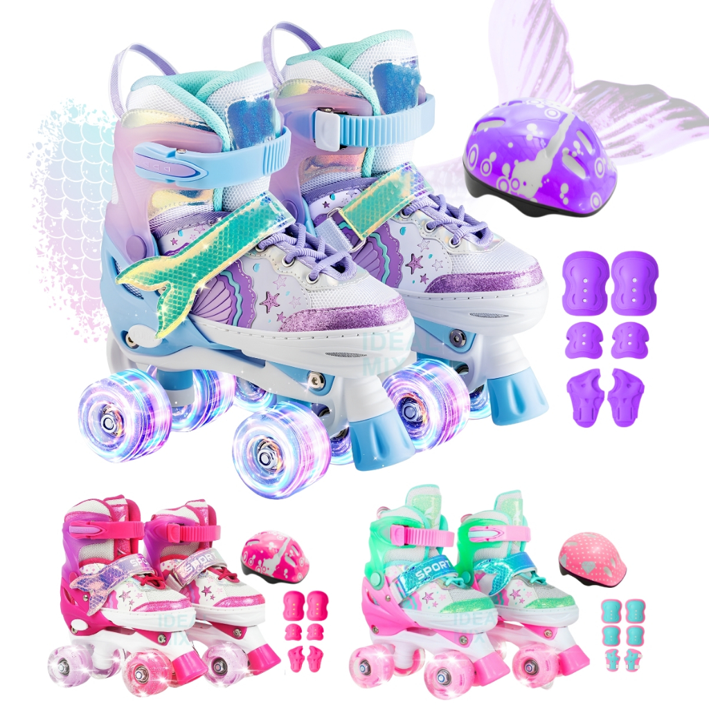 Patins Infantil Ajustável 4 Rodas Sereia + Kit Proteção Rodinha Led Patins Infantil Ajustável 4 Rodas Sereia + Kit Proteção Rodinha Led - Oferta na Shopee