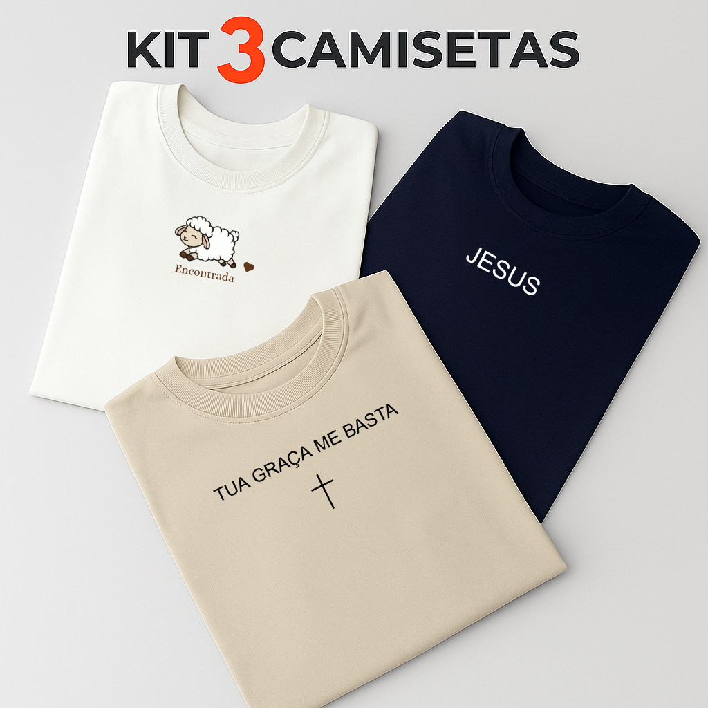 Kit 3 Camisetas Cristã Feminina Básica T-shirt 100% Algodão Premium Infantil Adulto Plus Size Kit 3 Camisetas Cristã Feminina Básica T-shirt 100% Algodão Premium Infantil Adulto Plus Size