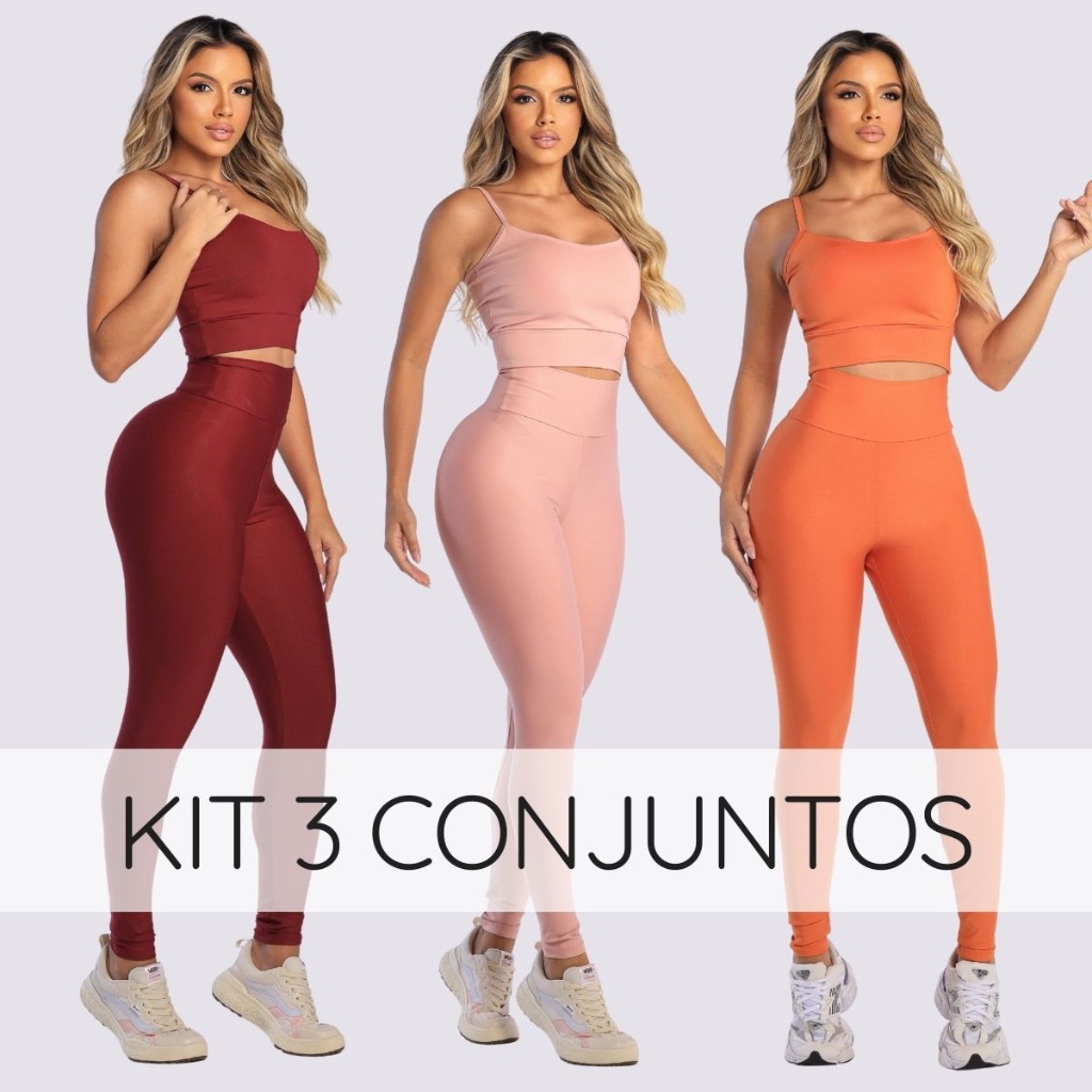 Kit 3 conjuntos calça com top e bojo removível legging feminina cintura alta suplex academia fitness Kit 3 conjuntos calça com top e bojo removível legging feminina cintura alta suplex academia fitness