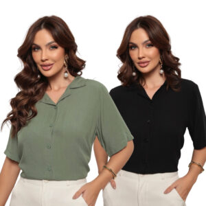 KIT 2 Camisa Feminina Viscolinho Manga Curta Elegante Tecido Fresco e Leve - Oferta na Shopee