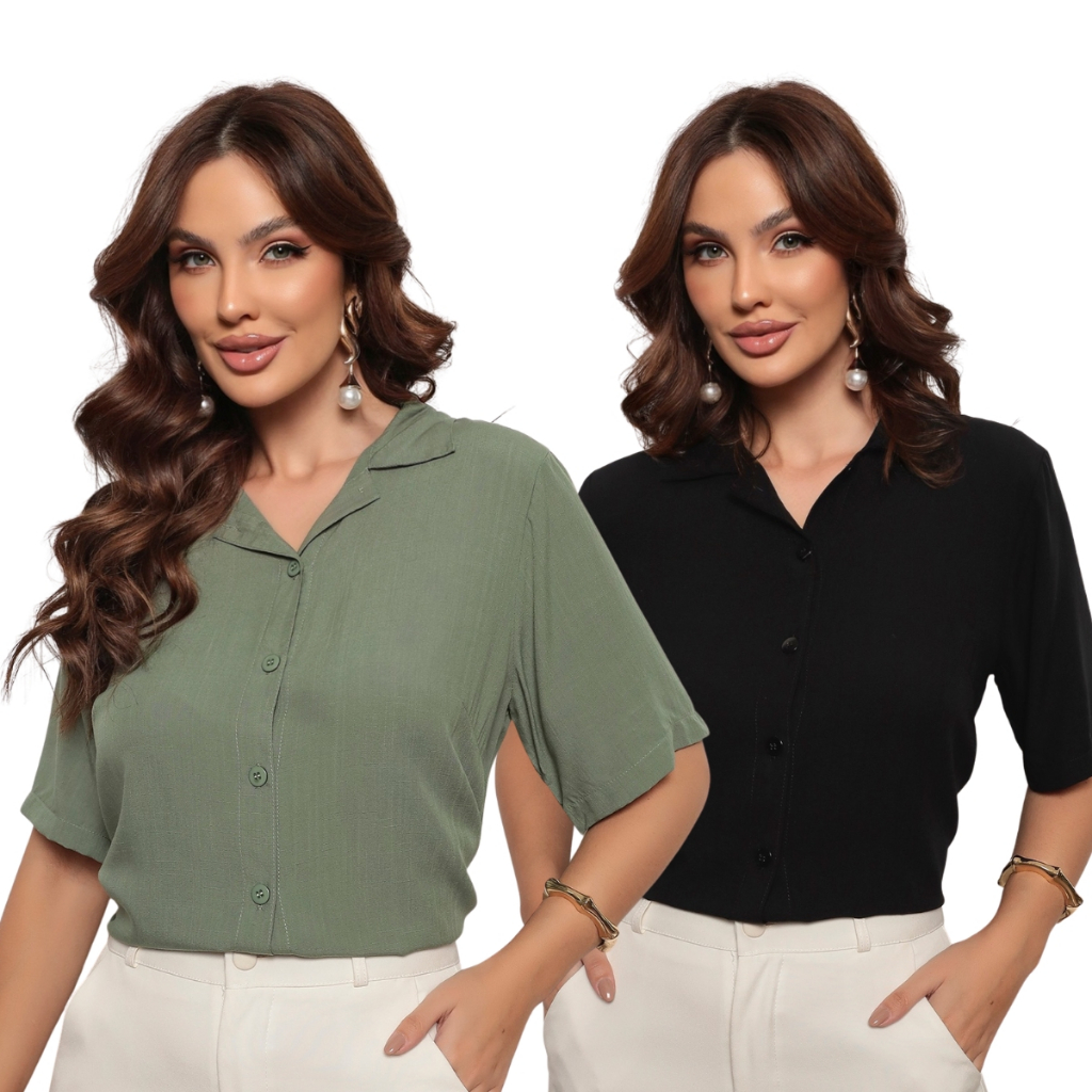 KIT 2 Camisa Feminina Viscolinho Manga Curta Elegante Tecido Fresco e Leve KIT 2 Camisa Feminina Viscolinho Manga Curta Elegante Tecido Fresco e Leve - Oferta na Shopee