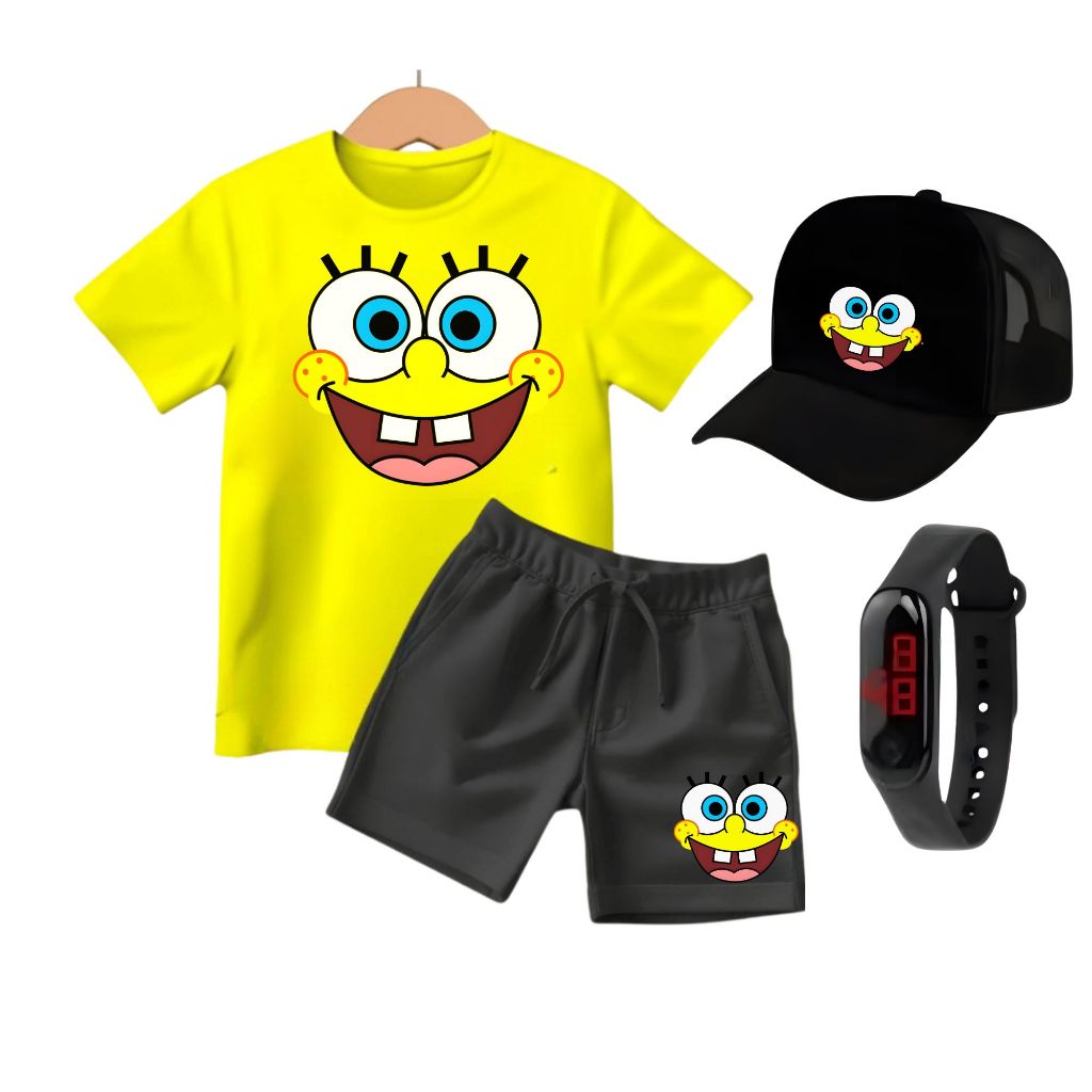 Conjunto Infantil Meninos Camiseta Short Relogio Boné Bob Esponja Conjunto Infantil Meninos Camiseta Short Relogio Boné Bob Esponja