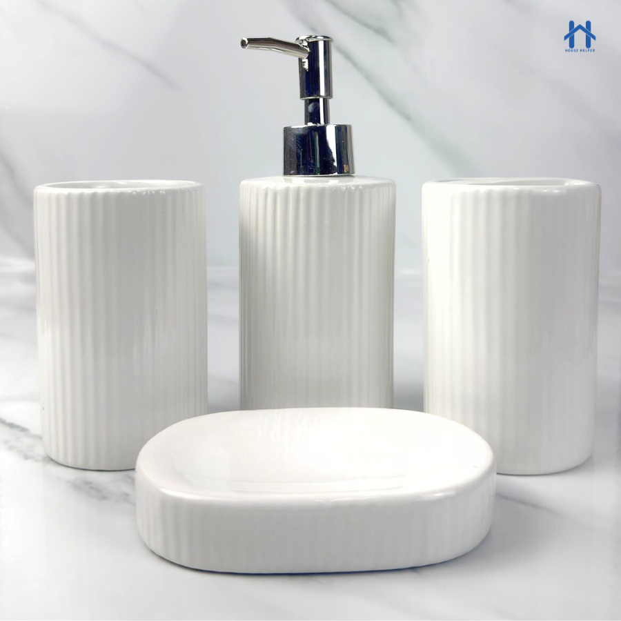 Kit de Banheiro Cerâmica com 4 Peças Porta Sabonete Líquido/Saboneteira/Porta Escova/Porta algodão Kit de Banheiro Cerâmica com 4 Peças Porta Sabonete Líquido/Saboneteira/Porta Escova/Porta algodão - Oferta na Shopee
