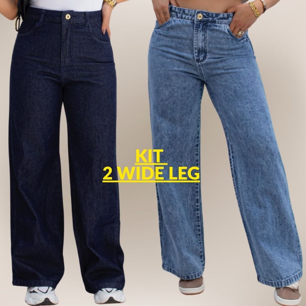 Kit 2 Calças Feminina Wide Leg Cós Alto Empina Bumbum Pantalona Kit 2 Calças Feminina Wide Leg Cós Alto Empina Bumbum Pantalona