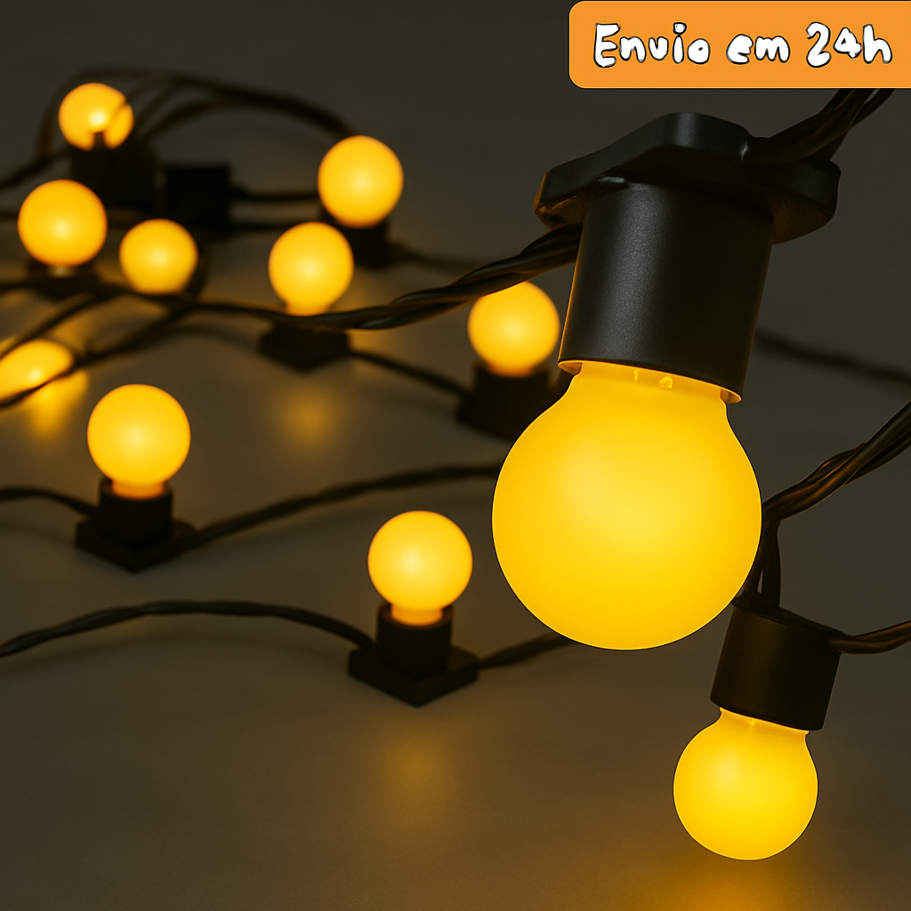 Varal de luz para área interna/externa com 25m + 25 LÂMPADAS LEITOSAS INCLUSAS 15w 127V e 220V Varal de luz para área interna/externa com 25m + 25 LÂMPADAS LEITOSAS INCLUSAS 15w 127V e 220V