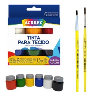 Kit Pintura Tecido Acrilex 6 Cores + 2 Pincéis Artísticos - Oferta na Shopee