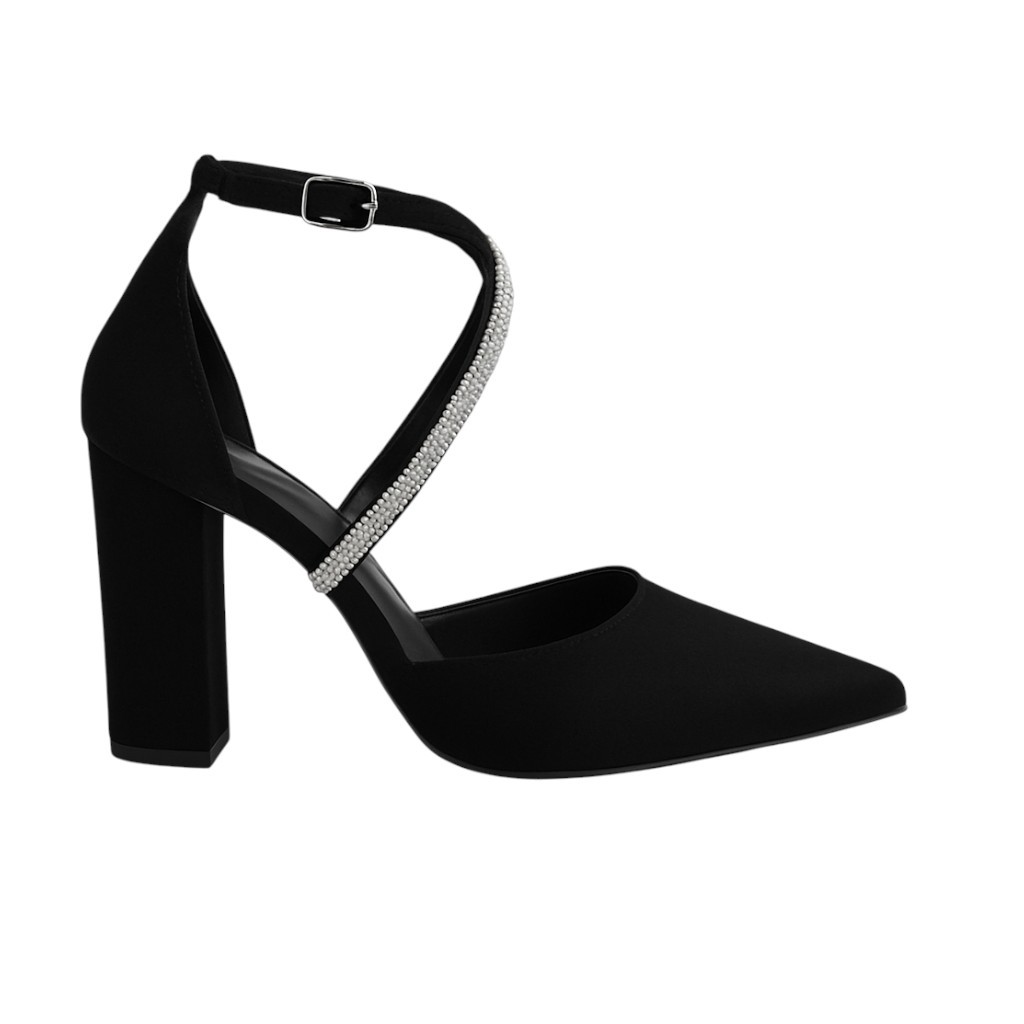Sapato Scarpin Feminino Salto Bloco Bico Fino Strass Brilhante Sapato Scarpin Feminino Salto Bloco Bico Fino Strass Brilhante