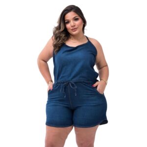 Macaquinho Jeans Com Elástico Na Cintura Plus Size - Oferta na Shopee