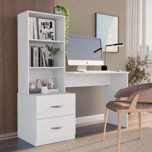 Mesa Escrivaninha Computador 2 Prateleiras 2 Gavetas Compacto Estudos Escritorio Quarto Home Office - Oferta na Shopee