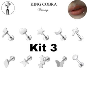Kit 3 Piercing Labret Hipoalergênico Aço cirugirco Tragus Coração Estrela Raio Lua KB120 - Oferta na Shopee