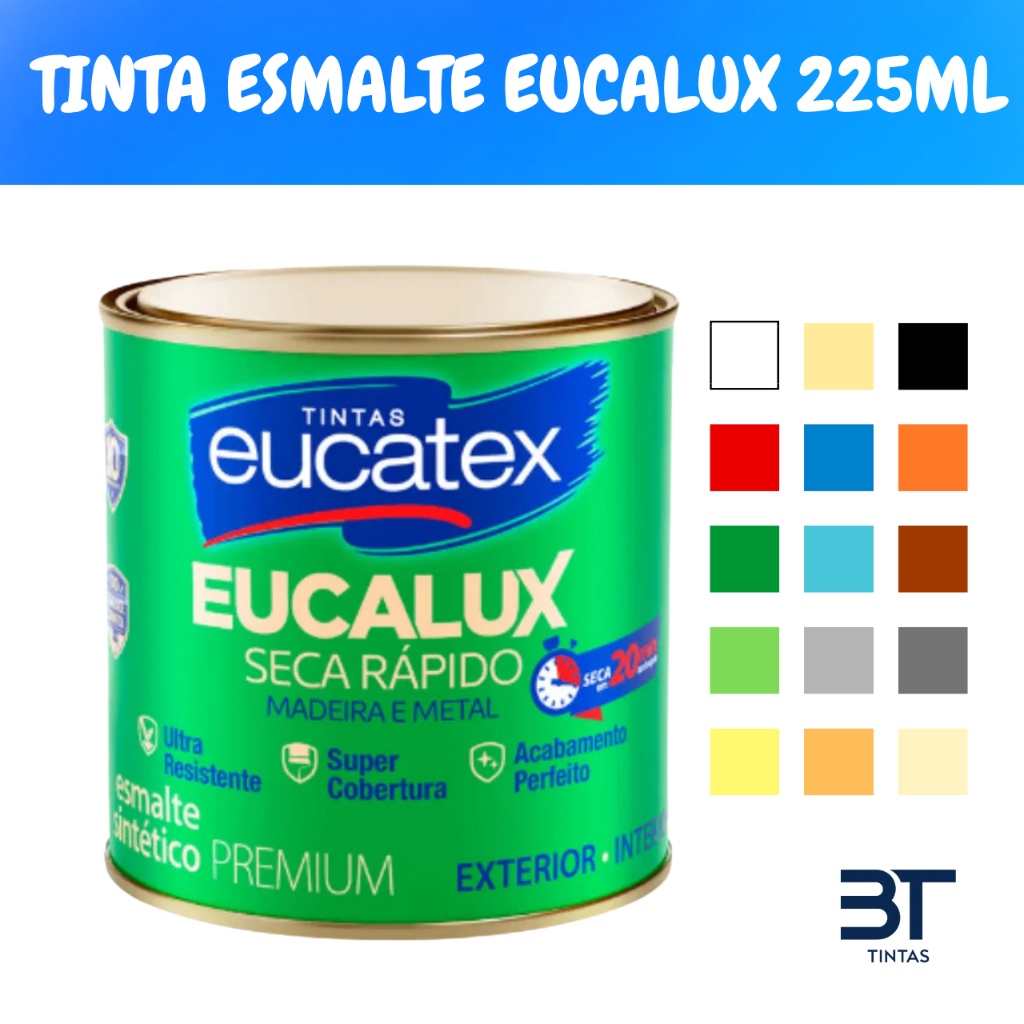 Tinta Esmalte Premium Eucalux Brilhante Diversas Cores Para Madeira Metal Cerâmica 225ml Tinta Esmalte Premium Eucalux Brilhante Diversas Cores Para Madeira Metal Cerâmica 225ml - Oferta na Shopee