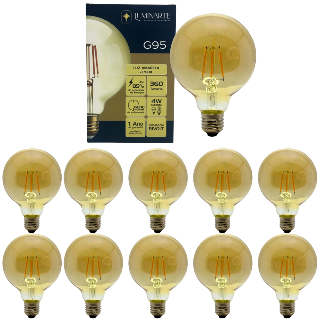 Kit 10 Lâmpadas Filamento Led G95 Âmbar Bivolt 4W 2200K Luz Amarela Luminarte Kit 10 Lâmpadas Filamento Led G95 Âmbar Bivolt 4W 2200K Luz Amarela Luminarte