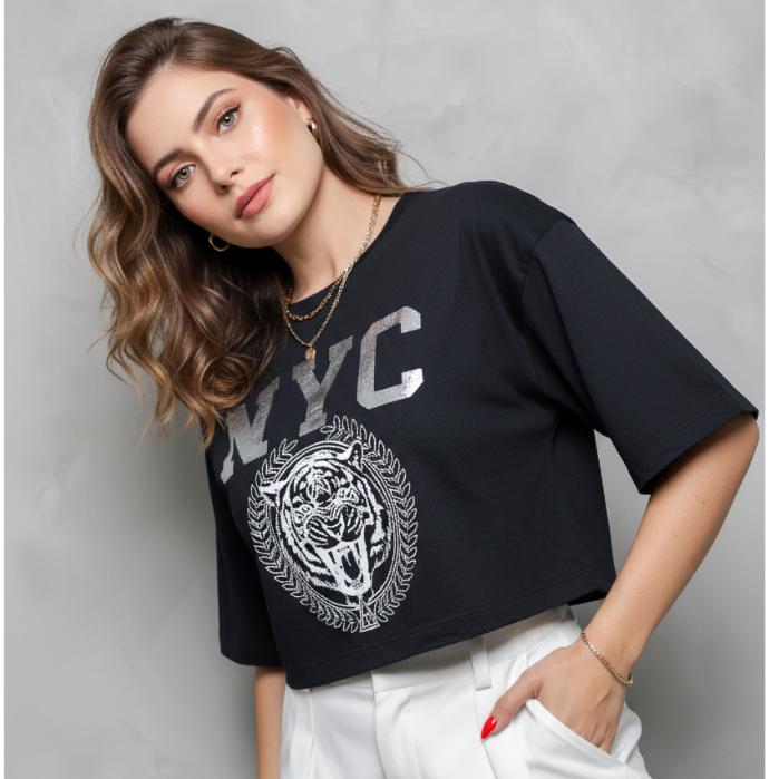 Cropped Oversized StreetWear Tecido 100% Algodão Estampado NYC TIGRE Camiseta Animal Estilo Urbano Cropped Oversized StreetWear Tecido 100% Algodão Estampado NYC TIGRE Camiseta Animal Estilo Urbano
