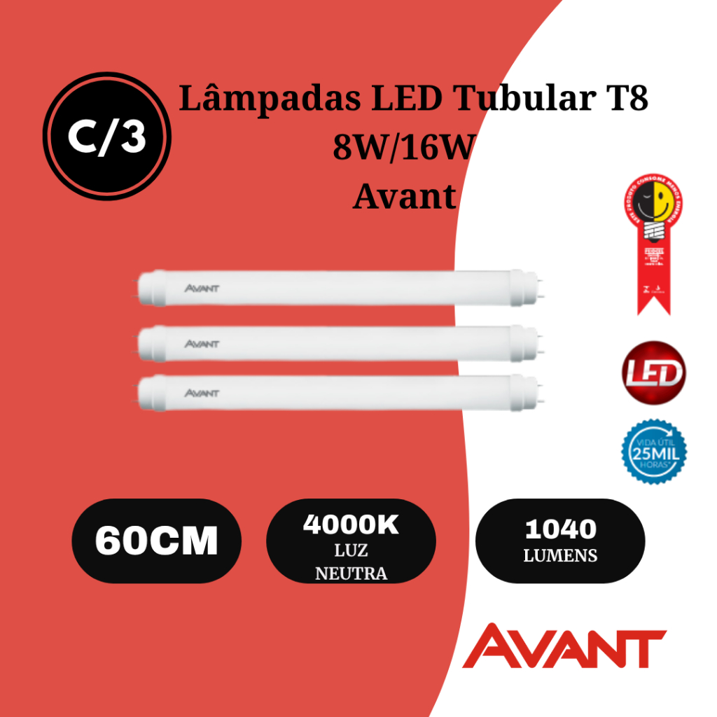 Kit 3 Lâmpada LED Tubular T8 Avant 8W/10W | 0,60m | 4000K Luz Neutra | Bivolt Kit 3 Lâmpada LED Tubular T8 Avant 8W/10W | 0,60m | 4000K Luz Neutra | Bivolt