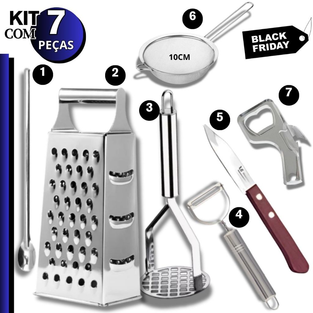 Kit Ralador Amassador Batata Descascador Legumes Colher Suco Peneira Cozinha Abridor Garrafa Lata Kit Ralador Amassador Batata Descascador Legumes Colher Suco Peneira Cozinha Abridor Garrafa Lata