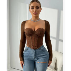 Cropped Corpete Blusa Barbatana Renda Manga Longa Sexy Feminino Sem Bojo ENVIO IMEDIATO - Oferta na Shopee