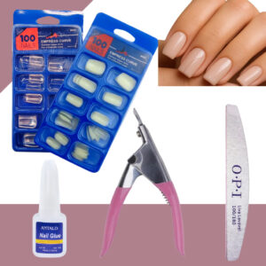 UNHA POSTIÇA QUADRADA REALISTA - Leitosa ou Transparente + Cola c/ Pincel + Cortador de Tips + Lixa - Oferta na Shopee