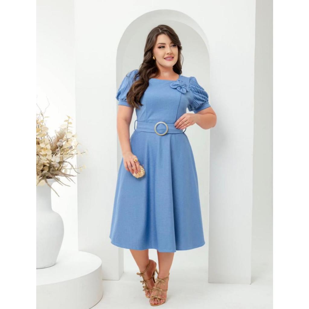 Vestido Midi Melissa Godê C/ Cinto Manga Bufante Moda Cristã Vestido Midi Melissa Godê C/ Cinto Manga Bufante Moda Cristã - Oferta na Shopee
