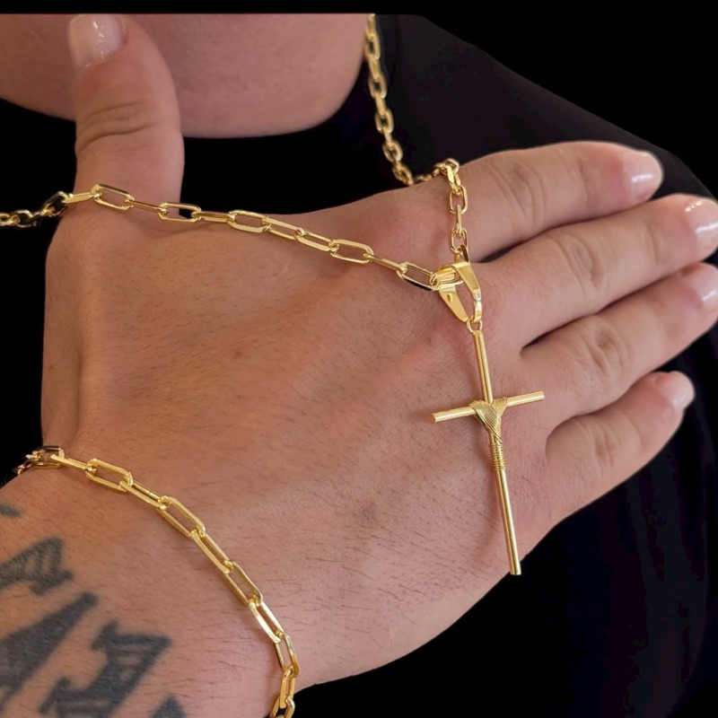 corrente cordão masculina com pulseira e pingente cruz moeda antiga corrente cordão masculina com pulseira e pingente cruz moeda antiga - Oferta na Shopee