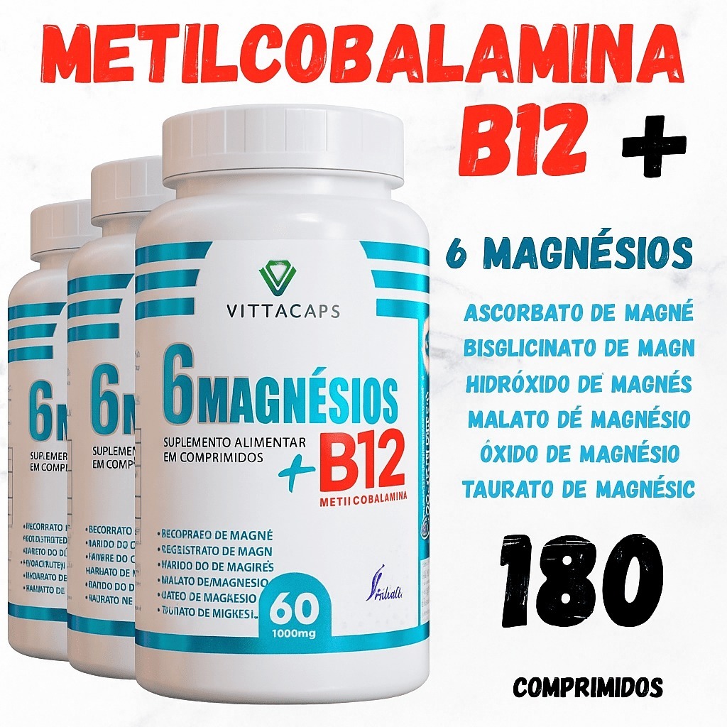 VITAMINA B12 METILCOBALAMINA +6 MAGNÉSIOS-AGORA EM 1 SÓ POTE | MAIS COMPLETO-6X1 VITAMINA B12 METILCOBALAMINA +6 MAGNÉSIOS-AGORA EM 1 SÓ POTE | MAIS COMPLETO-6X1