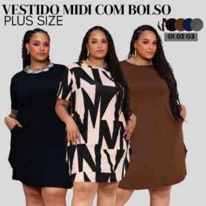Vestido Midi Plus Size Bolsos e Fendas Laterais Vestido mullet Básico Gola redonda confortável curve - Oferta na Shopee