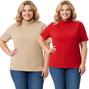 Kit 2 Blusa Feminina Plus Size Gola Alta Canelada Dia A Dia – Manga Curta Tamanhos Grandes G1 G2 G3 - Oferta na Shopee