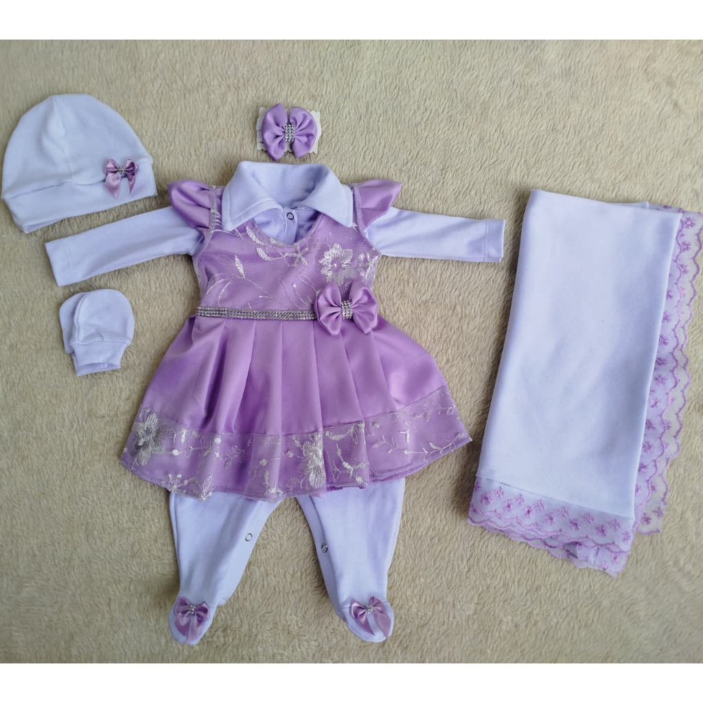 Saída de Maternidade Feminina Lilás com Renda Branca Kit Completo 6 Peças Saída de Maternidade Feminina Lilás com Renda Branca Kit Completo 6 Peças - Oferta na Shopee