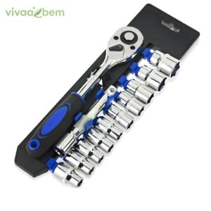 Chave Catraca 1/2 com Jogo de Soquetes Sextavados 12 Peças e Extensão - Profissional - Oferta na Shopee