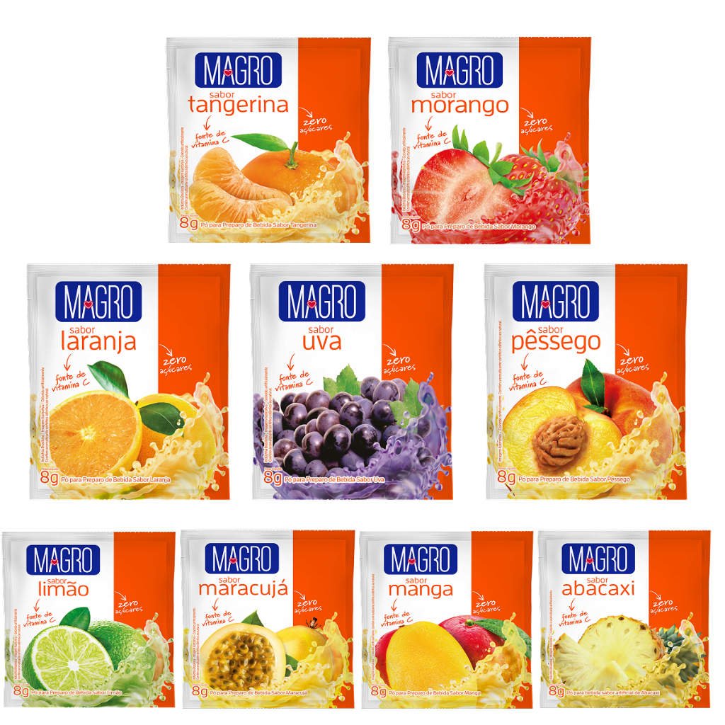 Refresco Magro Sabores Variados, Zero Açúcares, vitamina C, com polpa de fruta 8g - Kit com 15 Unds. Refresco Magro Sabores Variados