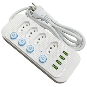 Extensão 4 USB 4 Tomadas Botões Individuais Cabo 2 Metros Cor preto e branco - Oferta na Shopee