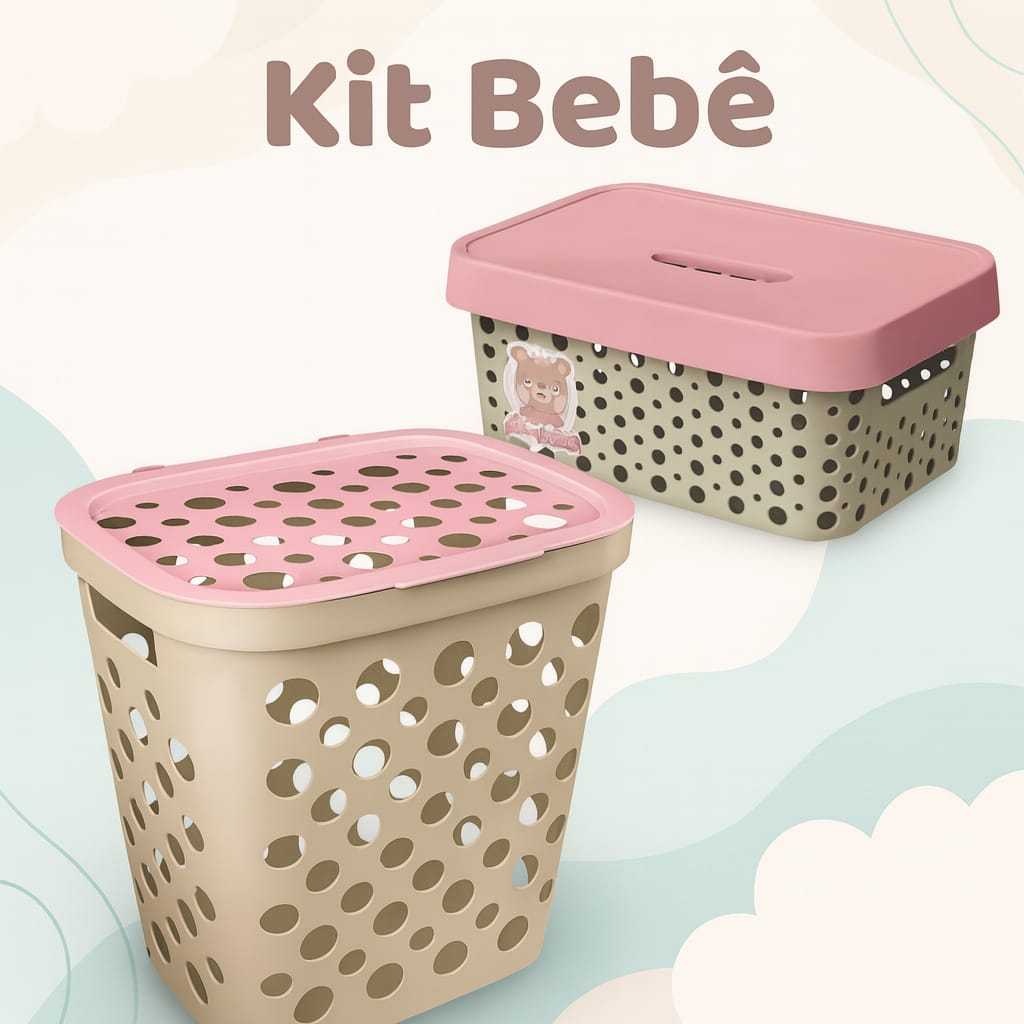 Kit 2 Peças Caixa Organizadora Infantil Multiuso + Cesto De Roupa Com Tampa E Alça Telado Bebê Kit 2 Peças Caixa Organizadora Infantil Multiuso + Cesto De Roupa Com Tampa E Alça Telado Bebê