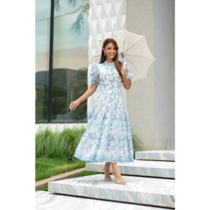 Vestido Valéria Maxi Midi em Algodão Bordado Richelieu com Botões Decorativos e Zíper nas Costas - Oferta na Shopee