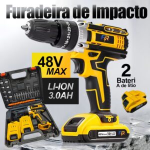 Furadeira Parafusadeira Impacto de Elétrica Sem Fio 48V 2 Baterias 3 funções Kit Completo Acessórios - Oferta na Shopee