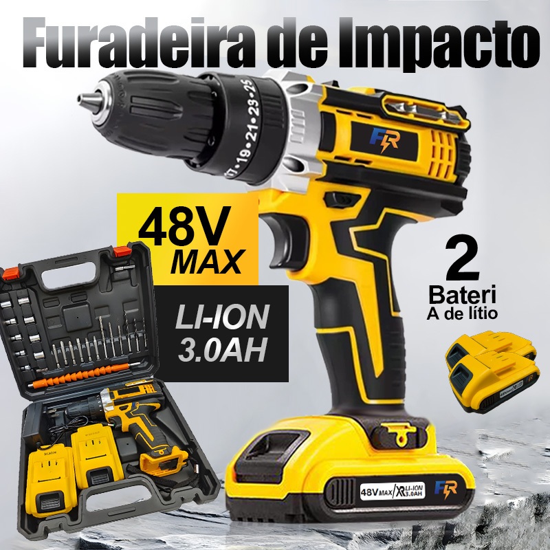 Furadeira Parafusadeira Impacto de Elétrica Sem Fio 48V 2 Baterias 3 funções Kit Completo Acessórios Furadeira Parafusadeira Impacto de Elétrica Sem Fio 48V 2 Baterias 3 funções Kit Completo Acessórios - Oferta na Shopee