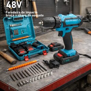 Furadeira e Parafusadeira de Impacto 48V - Alta Performance com 2 Baterias Recarregáveis e Estuche Incluso - Oferta na Shopee