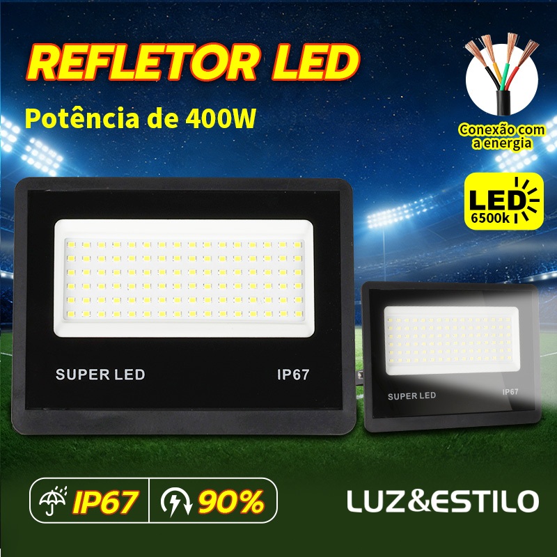 Refletor LED 400w Luz Frio Impermeável IP67 Super Brilhante e Economica Bivolt Refletor LED 400w Luz Frio Impermeável IP67 Super Brilhante e Economica Bivolt
