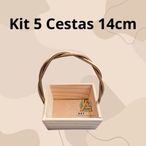 Kit com 5 Cestas Madeira Trapézio 14cm com Alça Trançada- Pascoa