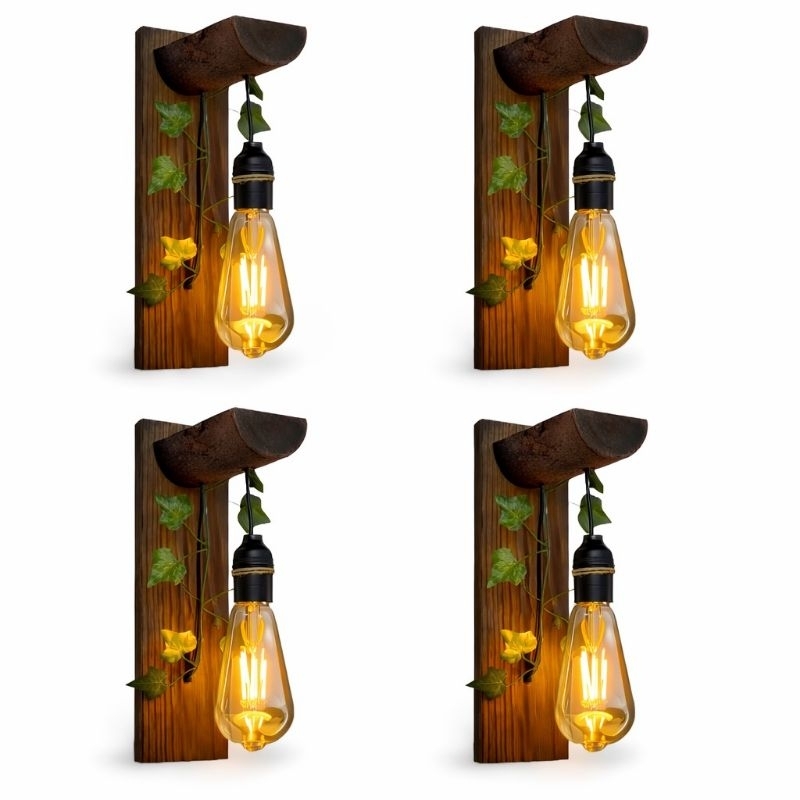 4 Arandela de parede luminária rústica madeira tronco folhagem retrô vintage ambiente aconchegante 4 Arandela de parede luminária rústica madeira tronco folhagem retrô vintage ambiente aconchegante