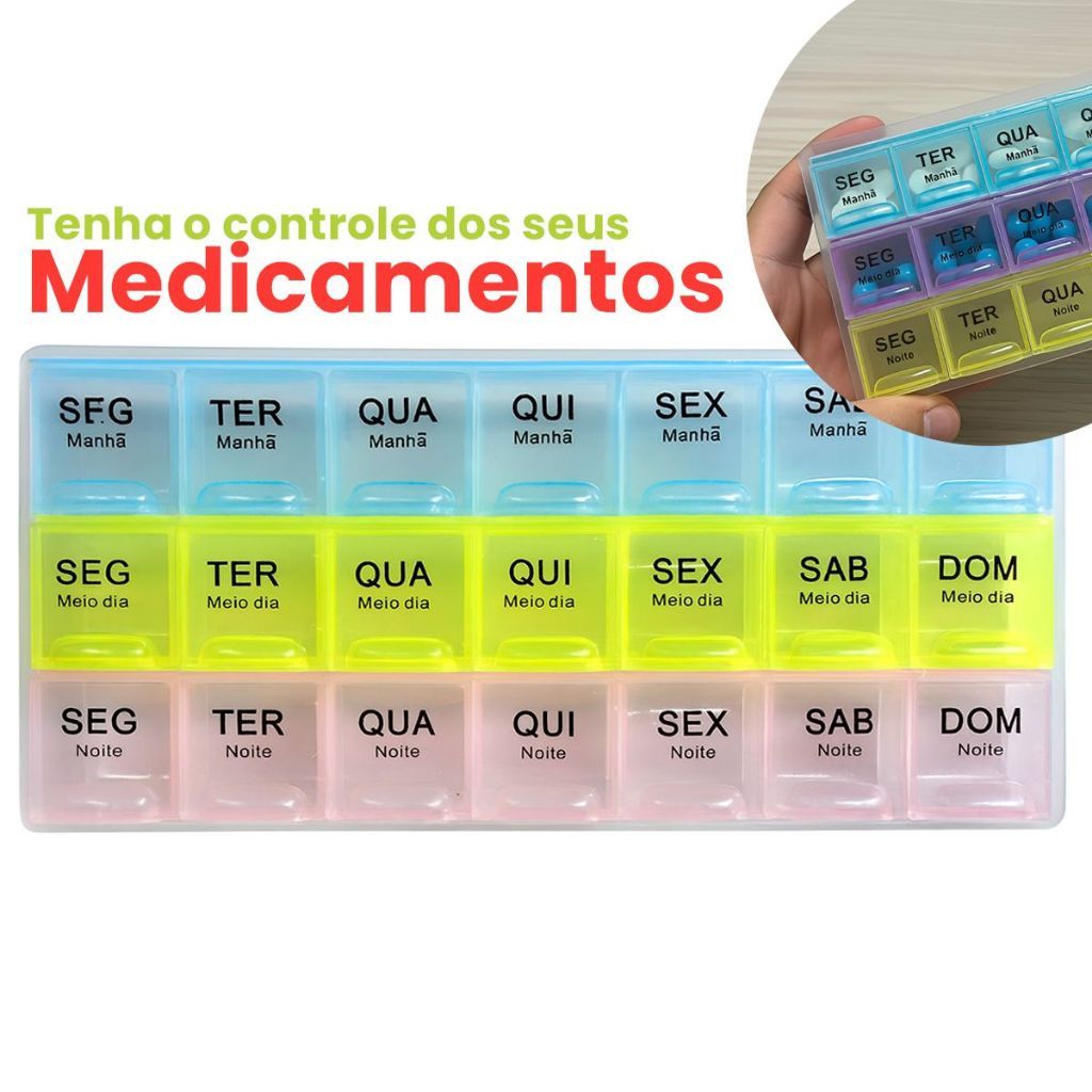 Porta Remédios Semanal 21 Divisórias com Separação por Período Porta Remédios Semanal 21 Divisórias com Separação por Período
