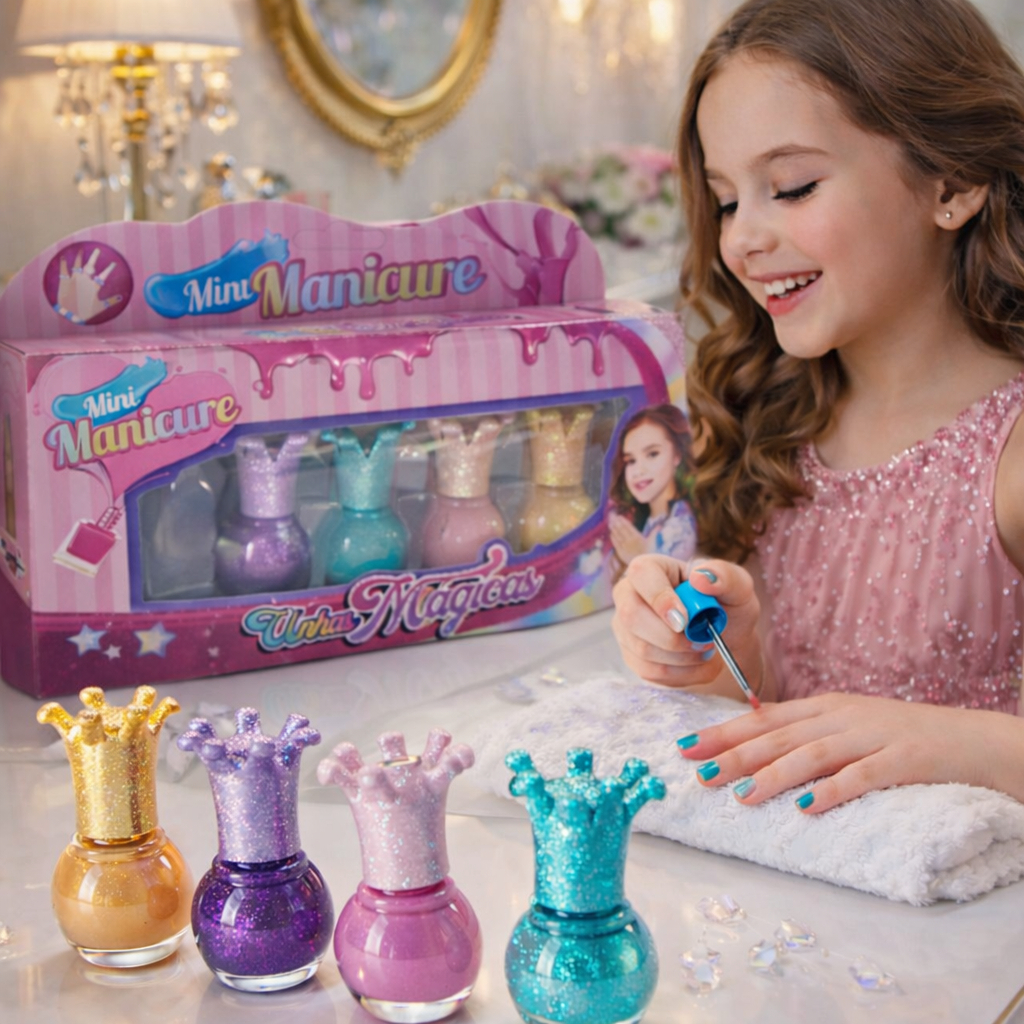 Kit Esmalte Infantil Menina 4 Unidades à Base d’Água, Não Tóxico, Lavável, Cores Princesa, Presente Criança Kit Esmalte Infantil Menina 4 Unidades à Base d’Água