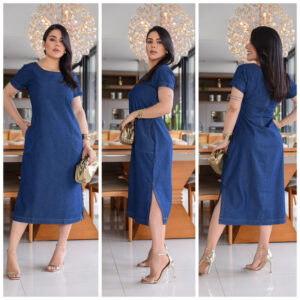 Vestido Feminino jeans Midi de Manga Soltinho Vestido Evangélico Confortável e Fresquinho - Oferta na Shopee