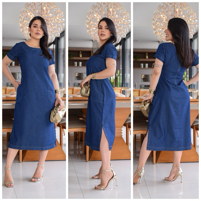 Vestido Feminino jeans Midi de Manga Soltinho Vestido Evangélico Confortável e Fresquinho Vestido Feminino jeans Midi de Manga Soltinho Vestido Evangélico Confortável e Fresquinho