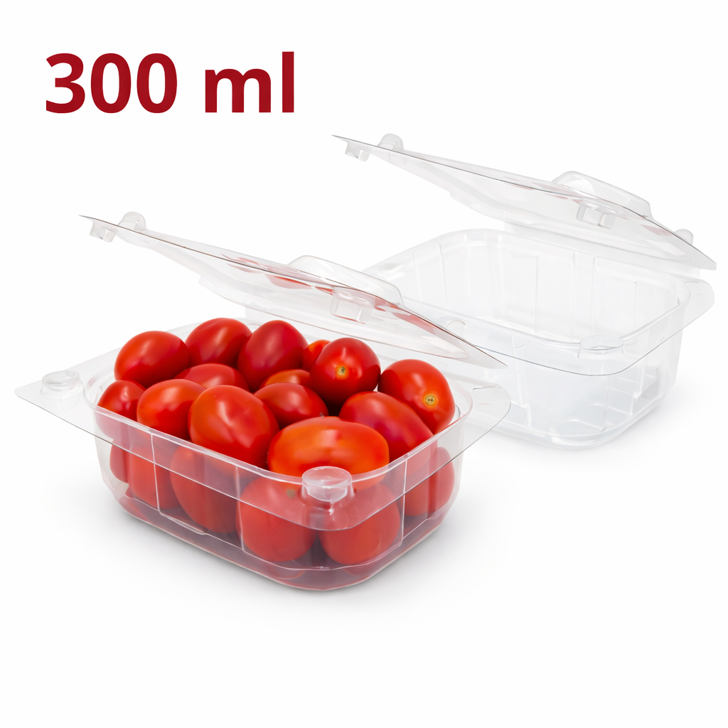 Embalagem Tomatinho Cereja 300 ML Tampa Articulada Transparente Kit 50 100 200 Embalagem Tomatinho Cereja 300 ML Tampa Articulada Transparente Kit 50 100 200