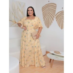 Vestido Longo Gola Quadrada com Fenda na Lateral - Oferta na Shopee