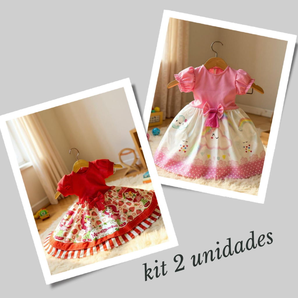 KIT 2 Vestidos MORANGUINHO/NUVEM DOCE Festa Casual Manga Curta Infantil KIT 2 Vestidos MORANGUINHO/NUVEM DOCE Festa Casual Manga Curta Infantil - Oferta na Shopee